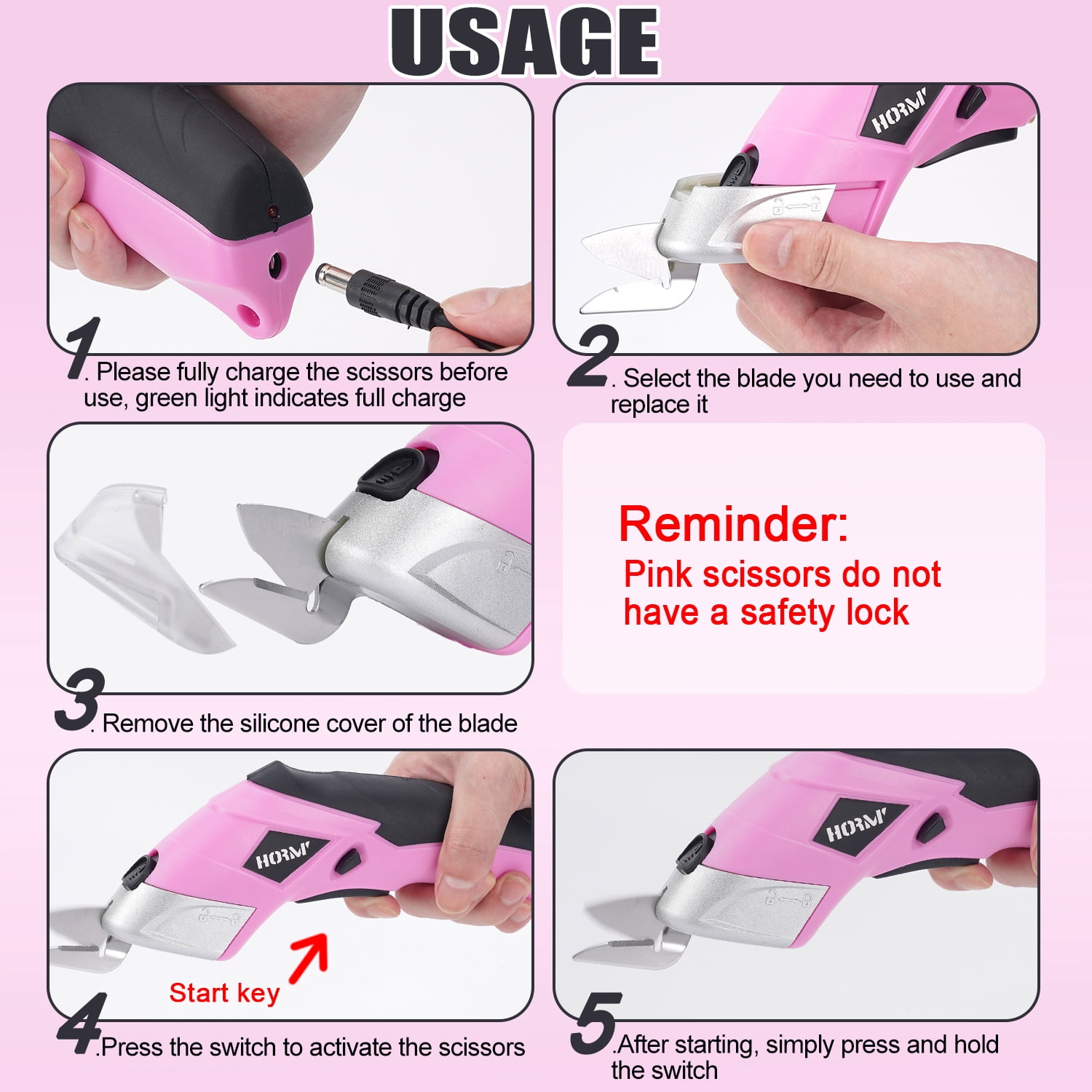 HORMY Cordless Electric Scissors with Two Blades, 3.6V Super Scissors Rechargeable with USB Charge Cable, for Cardboard Cutting Fabric Paper, Pink