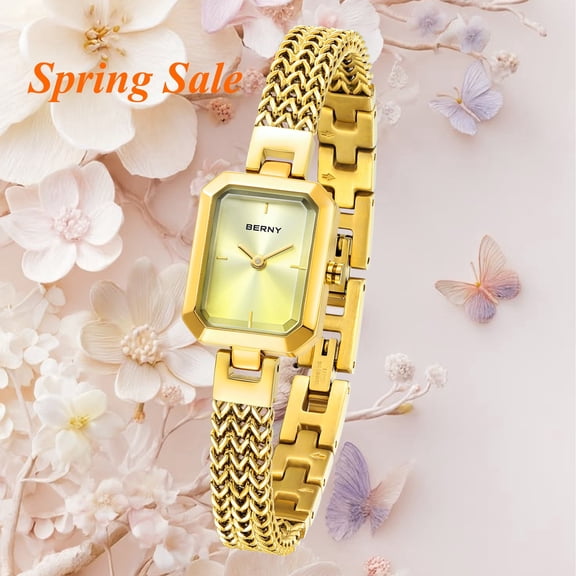 BERNY Women's Square Dial Quartz Watch - Stainless Steel Bracelet Band, 3ATM Waterproof, Minimalist Gold Wristwatch for Ladies
