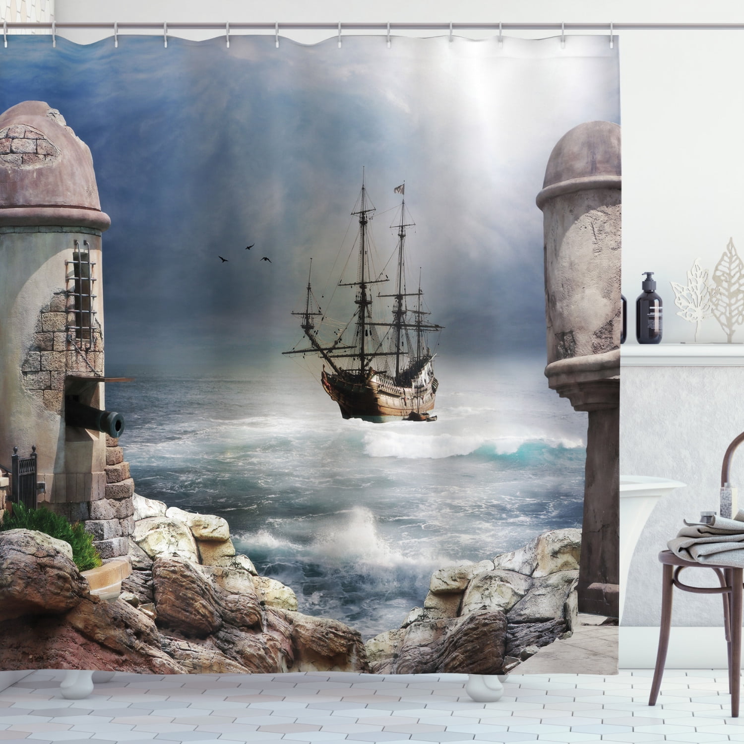 Mermaid Girl and Pirate Ship At Sea Waterproof Fabric Shower Curtain & 12 Hooks 