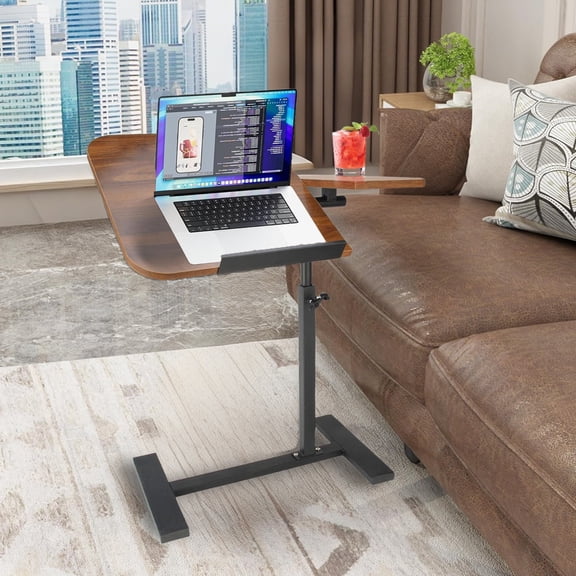 RICHYOUNG 24"Overbed Beside Table with Hidden Wheels,Tiltable & Rotatable Top Height-Adjustable Laptop Stand(Walnut)