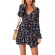 thumbnail image 1 of Vestido de mujer con estampado floral, escote en V, manga larga acampanada, dobladillo con volantes, vestidos cortos con cordón, 1 of 6
