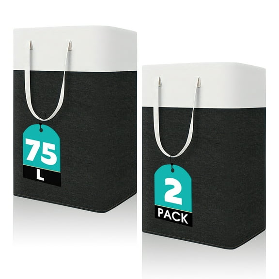 Godance 2 Pack Large Laundry Baskets, Waterproof Freestanding Laundry Hamper, Collapsible Clothes Basket with Easy Carry Handles in Laundry Room Bathroom Bedroom Dorm, 75L