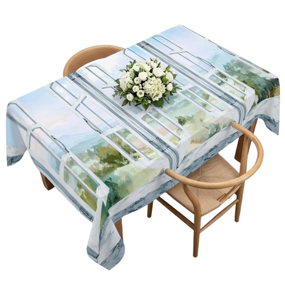 Waterproof Tablecloth Farm View outside The Window Rectangle Table Cloth 60x120in,Wipeable Washable Table Cover Watercolor Rustic Green Hills Tablecloths for Dining Tables Kitchen Picnic Party