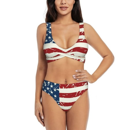 Zeuib Vintage American Flag High Waisted Tummy Control Bikini Set - Knot Front Push Up Top & Cheeky Thong Bottom  Two-Piece Swimsuit for Women-X-Large