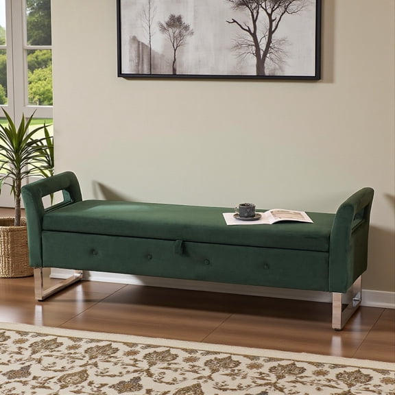 Tcbosik 68-Inch Velvet Storage Bench, Extra Long Upholstered Bench with Safety Hinge & Metal Legs, Large Capacity Organizer for Bedroom & Living Room (Green)