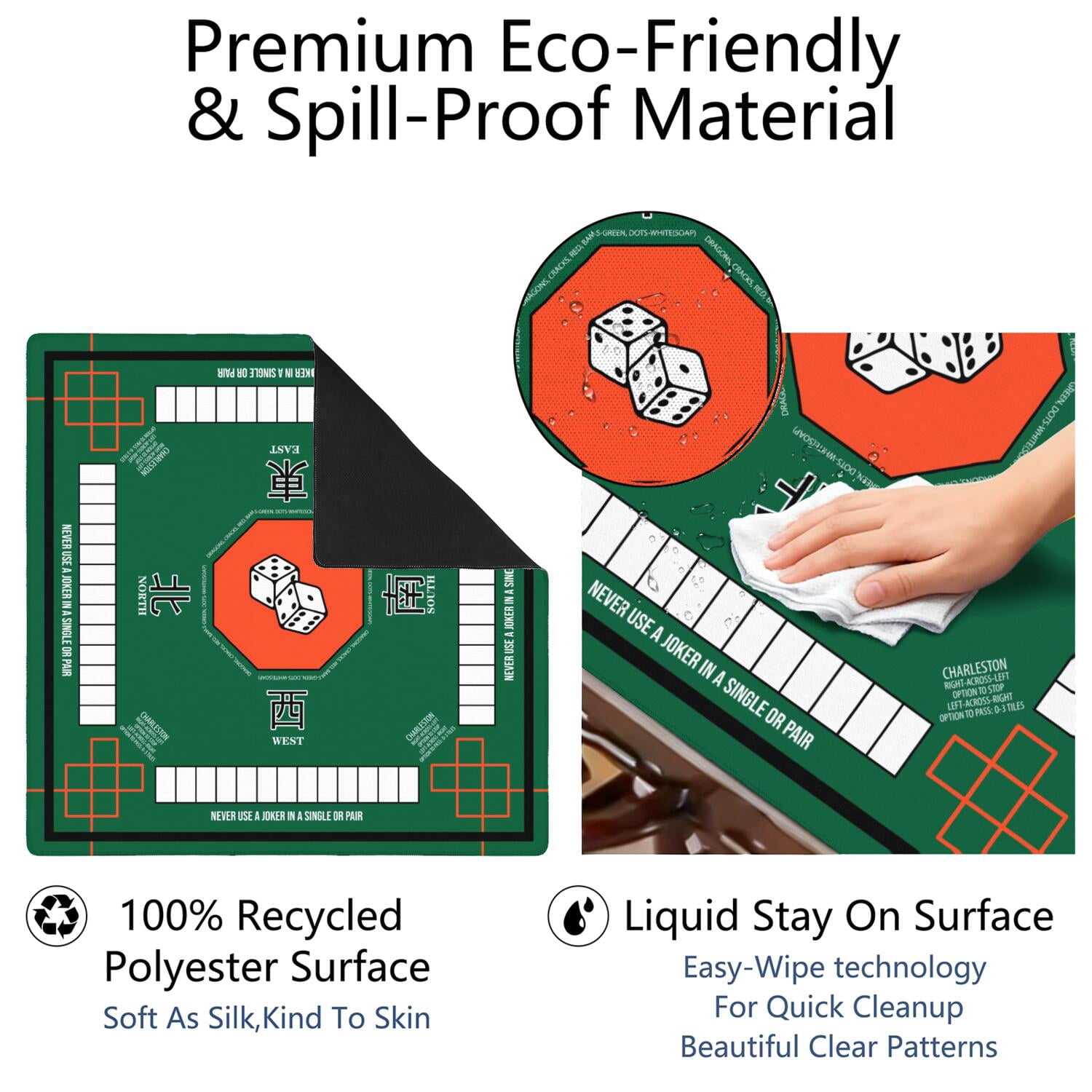 Green Mahjong Mat with Rules, 31.5*31.5in Anti Slip American Mahjong Mat for Table, Noise Reduction, Neoprene Mah jongg Mats with Carrying Bag & 3 Dices, Mahjong Supplies Gift, Board Tile Games Mats