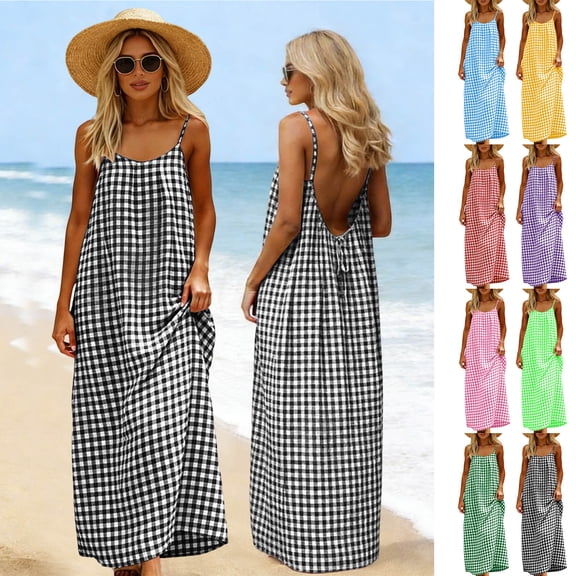 Vetsdori Womens Sleeveless Maxi Dresses Summer Backless Slip Dress Sundress Tank Black Beach Plaid,Pleated Cotton Linen Dress for Women Crew Neck
