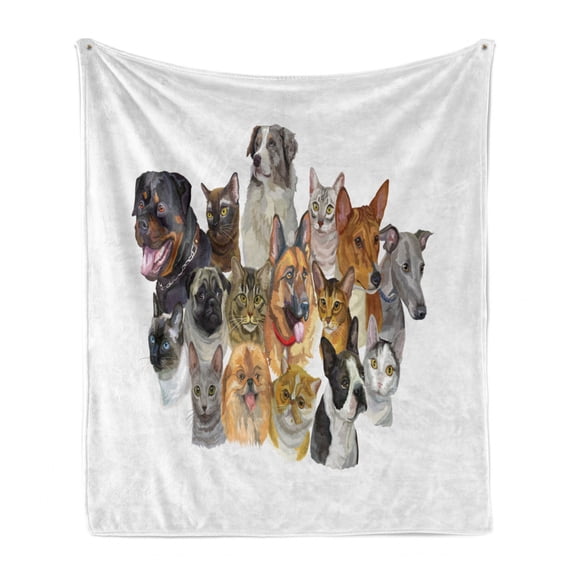 Pet Lover Soft Flannel Fleece Throw Blanket, Portrayal Group of Vibrant Shaded Pets Cats and Dogs Australian Shepherd, Cozy Plush for Indoor and Outdoor Use, 50" x 70", Multicolor, by Ambesonne