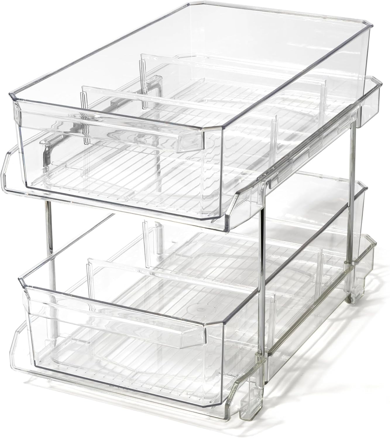 RGHJAR-2 Tier Clear Storage Organizer with Dividers | Slide Out Drawer for Under Sink or Medicine Cabinet | Bathroom Closet, Vanity, Pantry Organizer | Under Cabinet Storage for Bathroom and Kitchen
