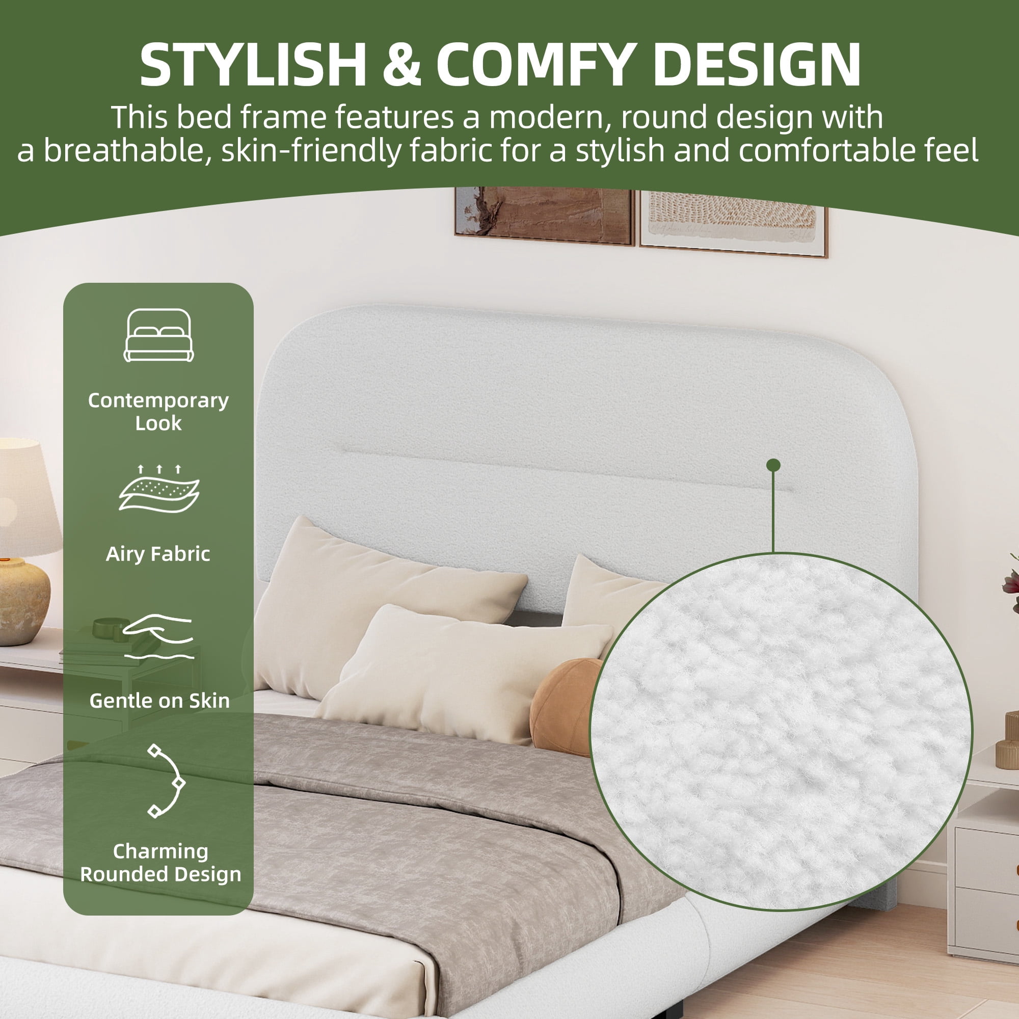 Uforic Queen Size Boucle Bed Frame with Adjustable Headboard & Rounded Edges, No Box Spring Needed, White