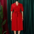 thumbnail image 3 of AURA Plus Size Suit Collar Swing Midi Dress Short Sleeve High Waist Belted Solid Color Summer, 3 of 10