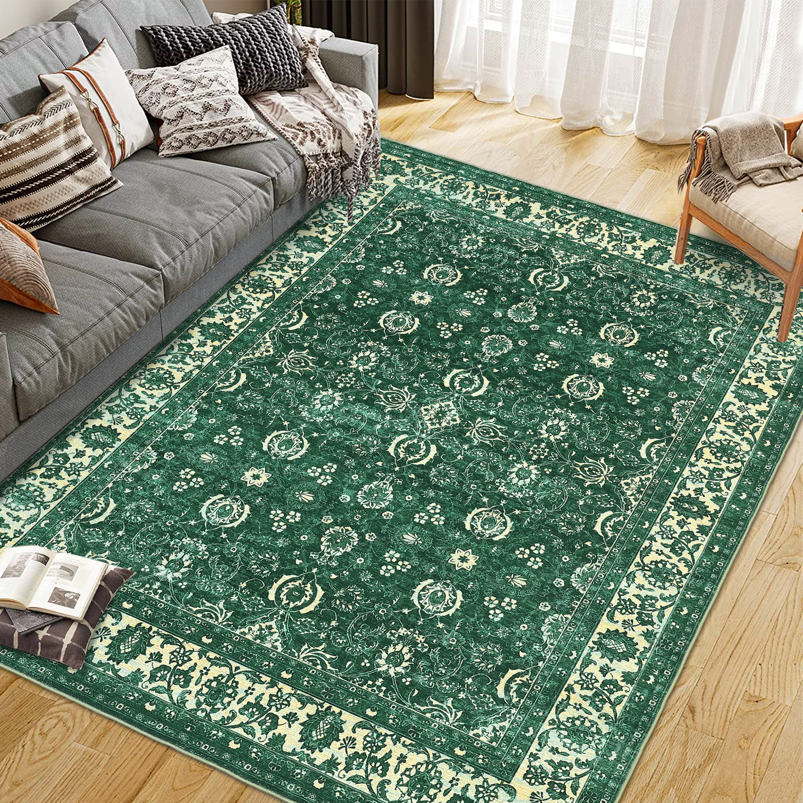 Vintage Floral Rugs 9x12, Washable Area Rug with Non Slip Backing, Low Pile for Living Room, Bedroom & Home Decor Green