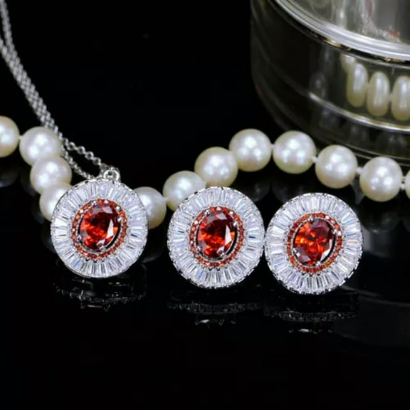Sparkling Red Cubic Zirconia Round Stone Necklace Earrings Ladies Jewelry Set