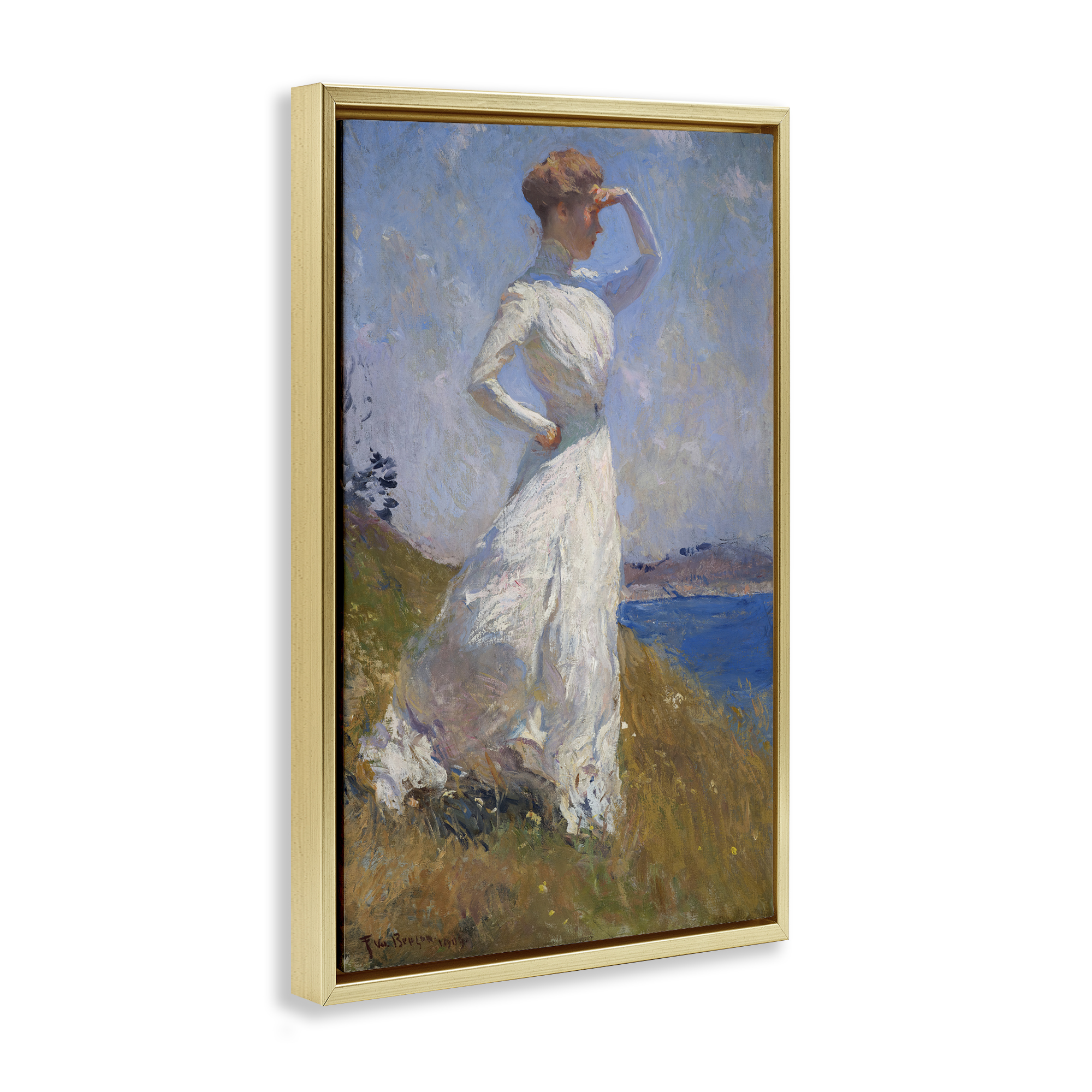 Stupell Industries Classical Woman in Sunlight People Painting Gold Floater Framed Canvas Art Print Wall Art, 21 x 31