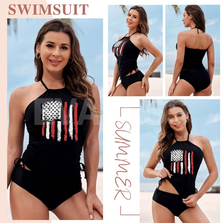 EVALESS Flag Printed 2 Piece Tankini Bathing Suit for Women Halter Plus  Size Tankini Top with Bikini Bottom Beach Swimsuit Size Small US 4-6