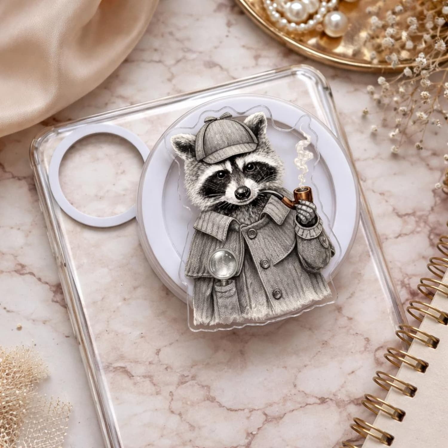 Cute Raccoon Detective Magnetic Phone Grip: Sarcastic Sherlock Raccoon Aesthetic Phone Holder, Raccoon Boujee Gift, Phone or Holder