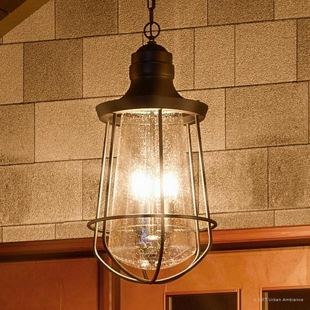 

Urban Ambiance Luxury Vintage Outdoor Pendant Light Large Size: 20 H x 9.5 W with Nautical Style Elements Cage Design Estate Bronze Finish and Seeded Glass Includes Edison Bulb UQL1125