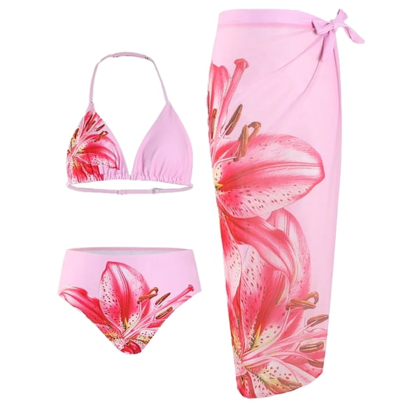 XAOFW Girl's Swimsuit Sets Floral Print Halter Neck Top And Bottom With Swim Skirt Bikini Swimsuits 3 Piece Swimwear Tropical Swimming Surfing Soft Comfortable Bathing Suit