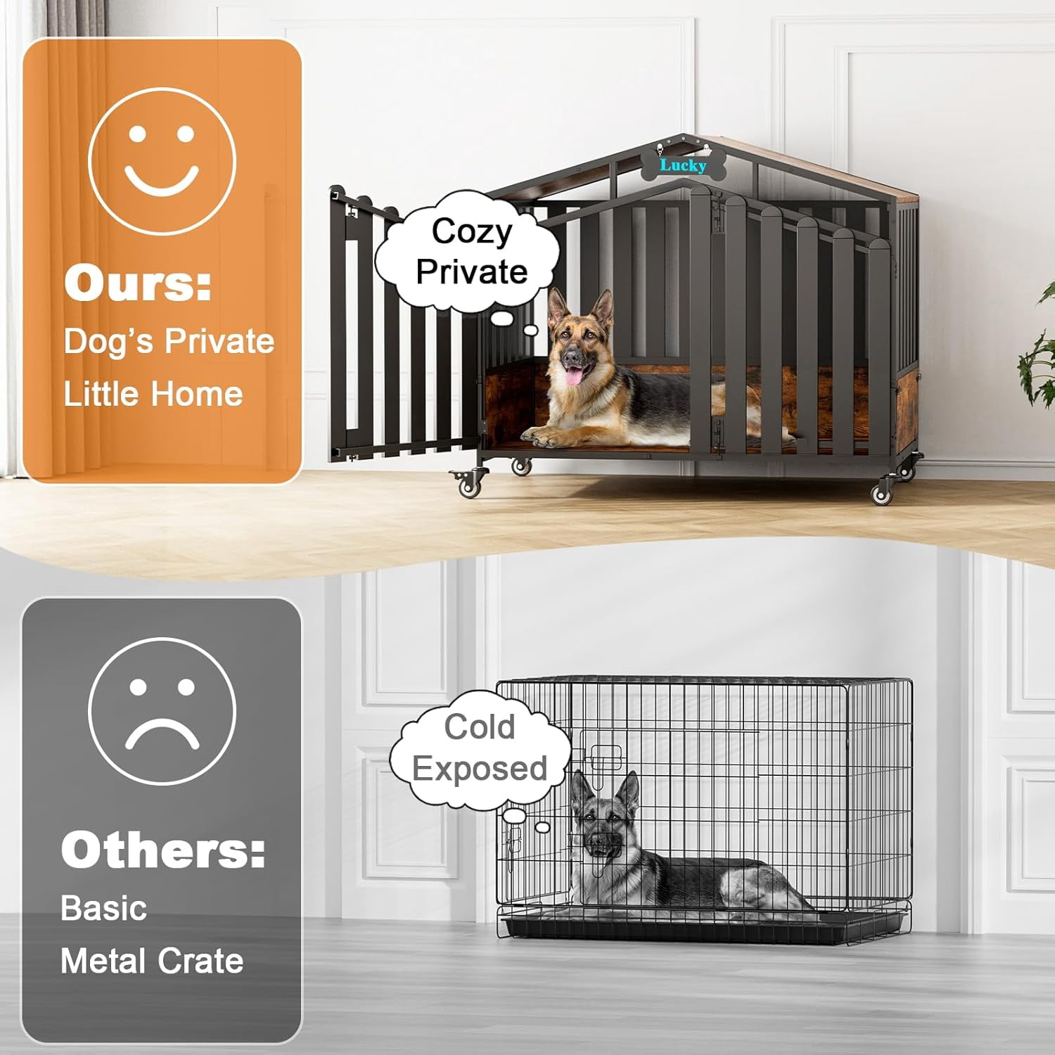 POAO 48"Heavy Duty Dog Crate Furniture for Large Dogs(Over 60lb), Dog Kennel Indoor with 360° Wheels, Dog House with Feeding Window and Name Tag