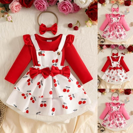 Pandaie Infant Girl Butterfly Suspender Skirt Set Ruffle Shoulder Onesie Layered Skirt Bow Hairband Newborn Party Clothes Outfits Pink 0-3 Months