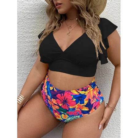 2024 New Large Bikini Set Plus Size Swimsuit Women Sexy Big Size Swimwear Retro Vintage Bathing Suit Mujer Push Up Biquini Blue (Black Floral pants 1XL)