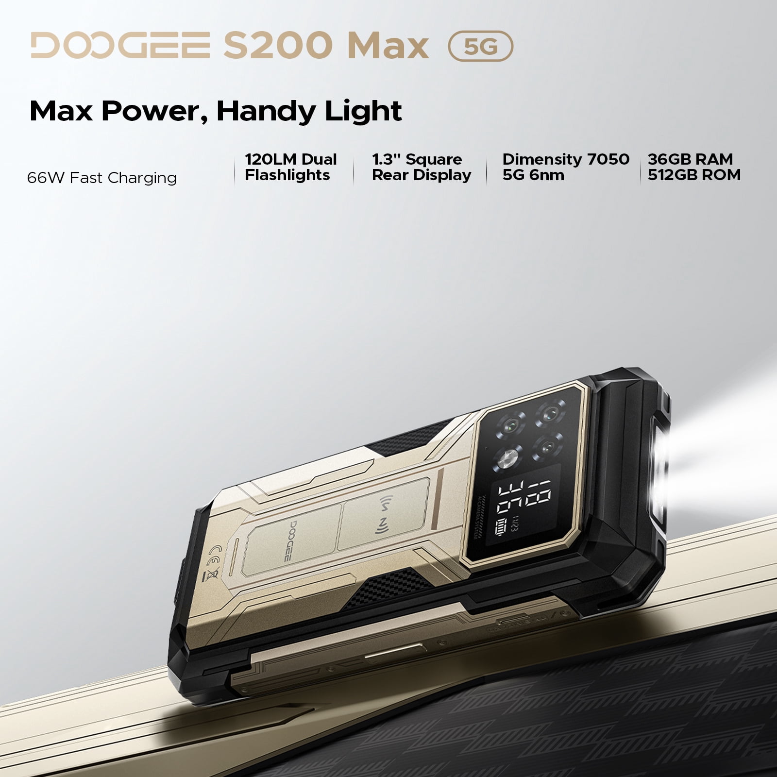 DOOGEE S200 Max 5G Rugged Phone Unlocked, Rugged Smartphone with 1.3" Rear Screen,22000mAh/66W,36GB+512GB/TF 2TB,108MP+20MP Night Vision Camera,6.72" FHD+/120Hz,Dual Unlock/NFC/5G Dual SIM Android 15