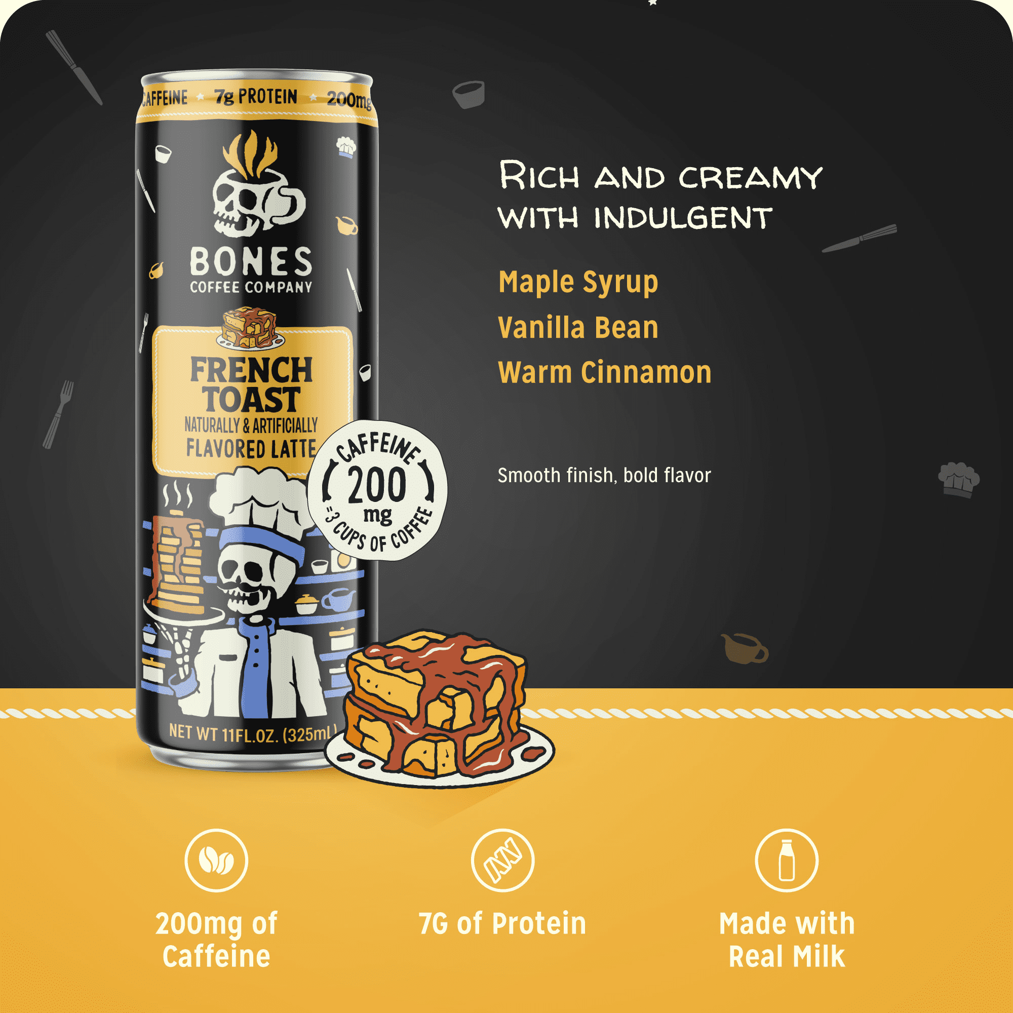 (2 pack) Bones Coffee Company French Toast Flavored Iced Coffee Latte, Ready To Drink Canned Coffee, 11 fl oz Can