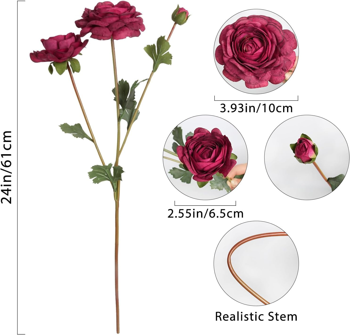 Burgundy Ranunculus Artificial Flower 5Heads '' Long Stems Silk Ranunculus Fake Buttercup Artificial Flowers for DIY Wedding Bouquets Home Kitchen Decorations (Burgundy)