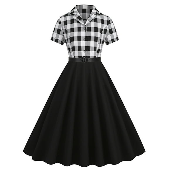 Lovskoo 2024 Women 1950S Vintage Short Sleeve Doll Collar Vintage Swing A Line Midi Summer Dress Cocktail Party Evening Prom Gown Black