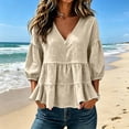 thumbnail image 2 of IPYUI Linen Babydoll Tops for Women Ruffle Peplum Blouse Puff Sleeve Pleated Cute Blouse Gauze Tops for Women Gauze Shirts Elbow Sleeve Dressy Clothes Bohemian Peasant Plain V Neck Solid Color Top, 2 of 6