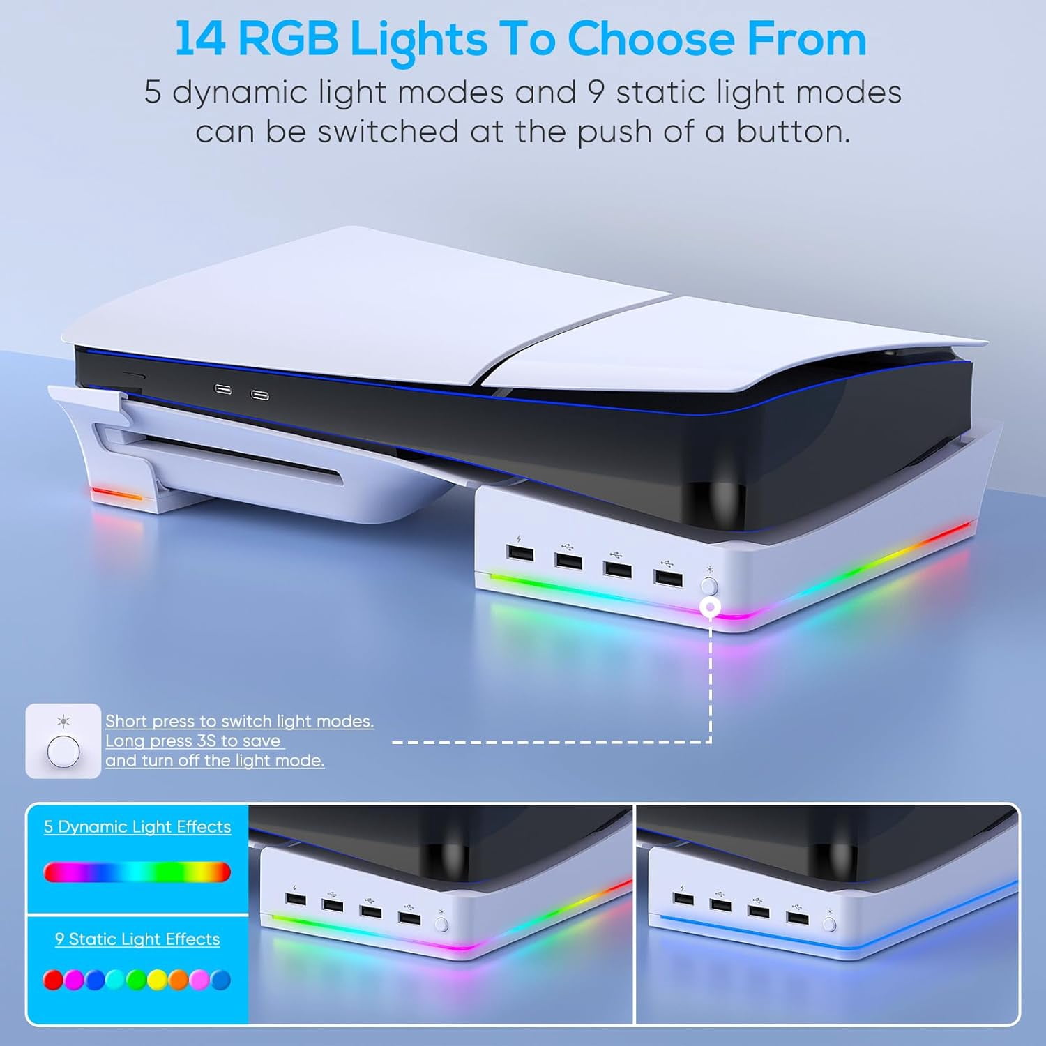 GAEKOL RGB Horizontal Stand for PS5 Slim Console Accessories with 14 Light Mode and 4 USB Hubs, Side Stand for Playstation 5 Slim Disc & Digital, Base Holder with Fast Controller Charging, White
