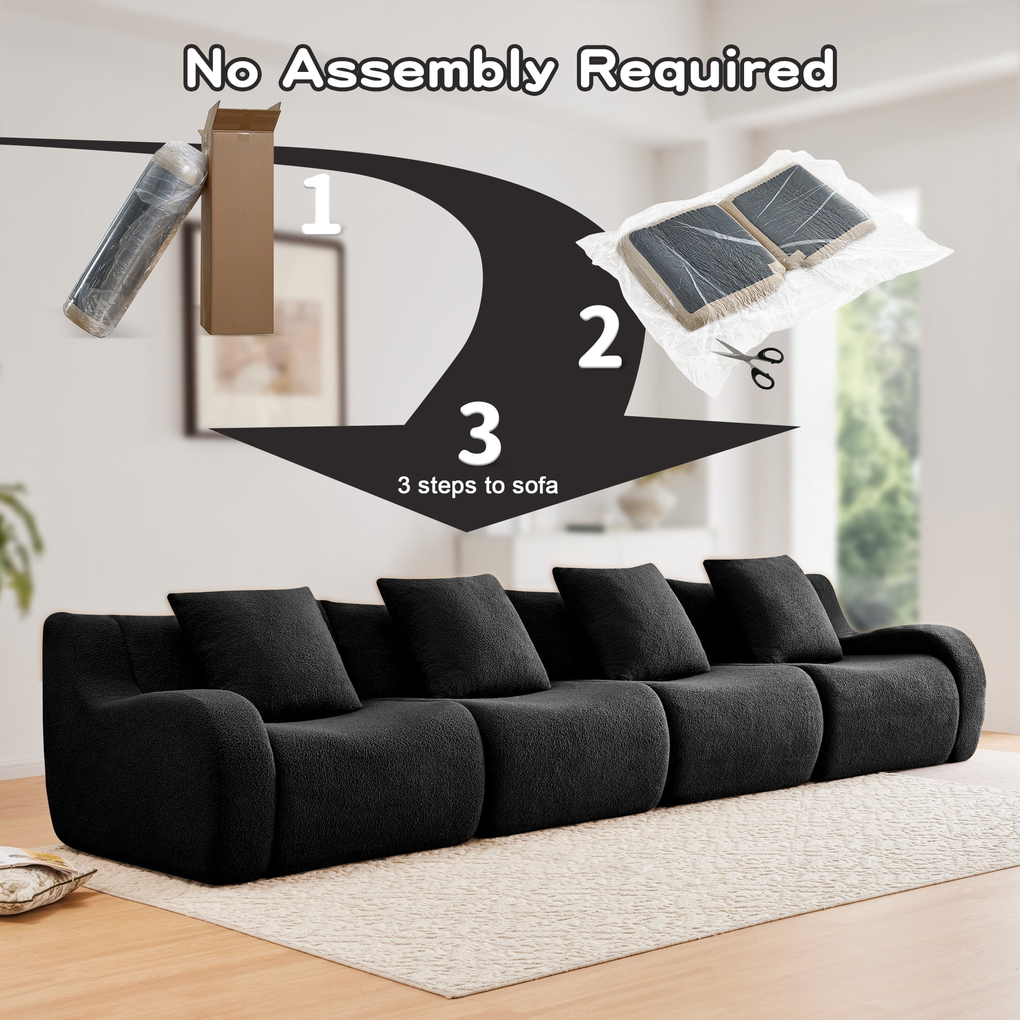 Aukfa 148" Oversized Cloud Sofa Deep Seat 4 Seat Modular Boneless Couch for Living Room, 4 Pillows, Teddy Fleece, Black