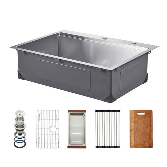 KFFKFF 30-inch Workstation for Kitchen Sink, Top-Mounted 304 Stainless Steel Sinks, Single Bowl Farmhouse Basin with Ledge & Assorted Accessories, Domestic Dishwasher Sink Suitable for RV