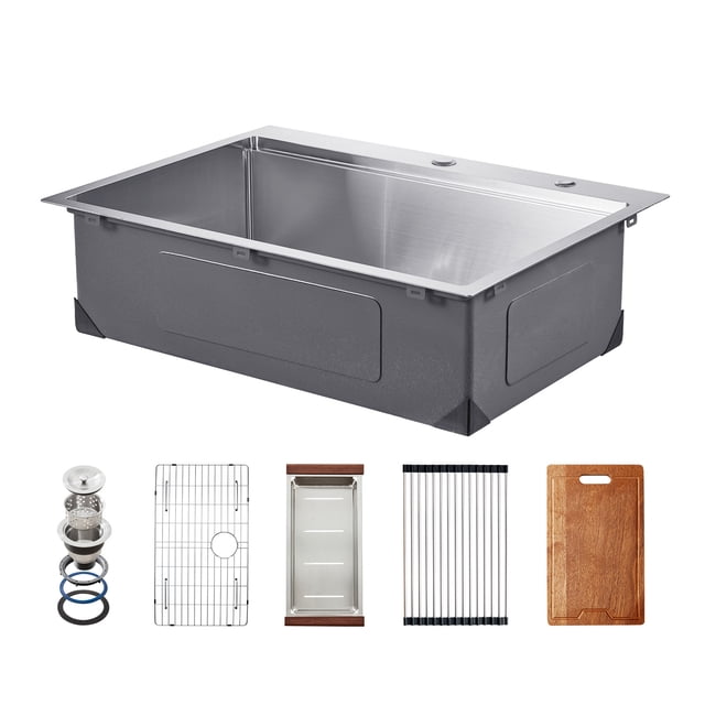 KFFKFF 30 inch Kitchen Sink Workstation, 304 Stainless Steel Top Mount Sinks, Drop-In Single Bowl Farmhouse Basin with Ledge & Multiple Accessories