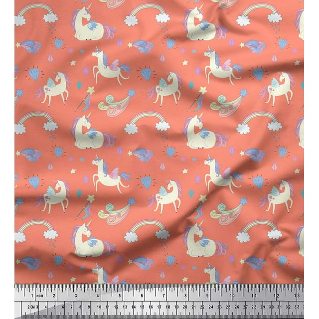 Soimoi Orange Poly Georgette Fabric Rainbow & Unicorn Animal Print Fabric by the Yard 52 Inch Wide