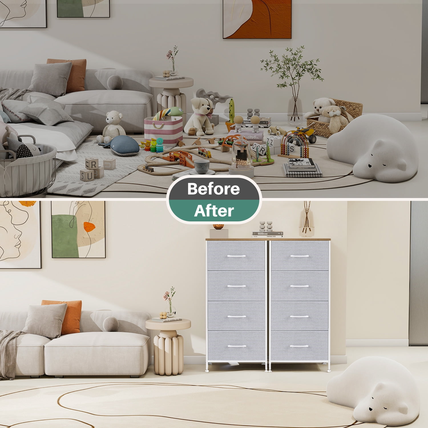 Beddle Dresser with 4 Fabric Drawers for Bedroom, Wide Storage Chest with Drawer Organizer for Closet or Living Room, Light Gray