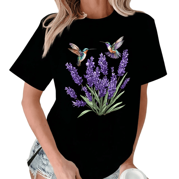 Giffimy Women Watercolor Purple Lavender Hummingbird Botanical Floral Crew Neck Daily Casual Short Sleeve S-5XL Black Tops