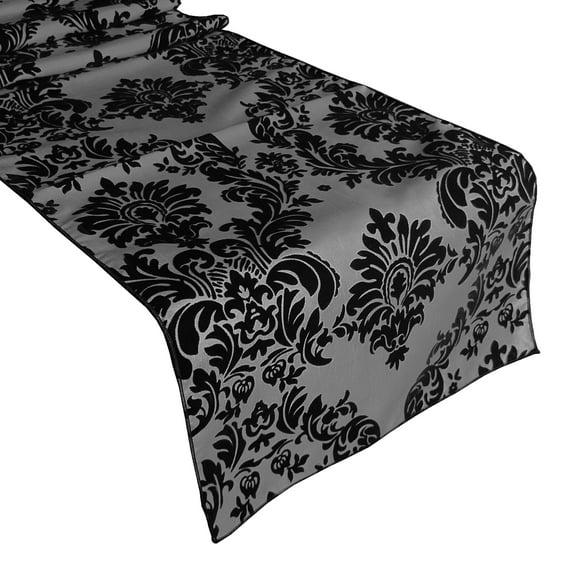 Flocked Damask Table Runner Black on Silver