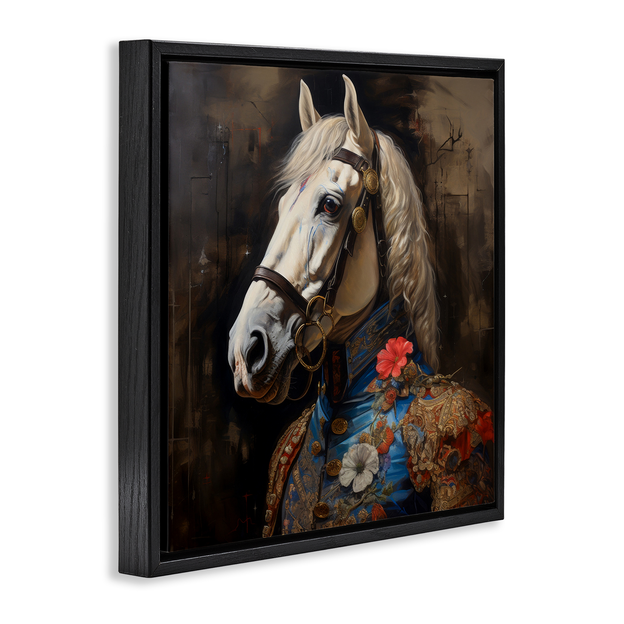 Stupell Industries Horse with Regal Clothing Animals & Insects Painting Black Floater Framed Canvas Art Print Wall Art, 18 x 18