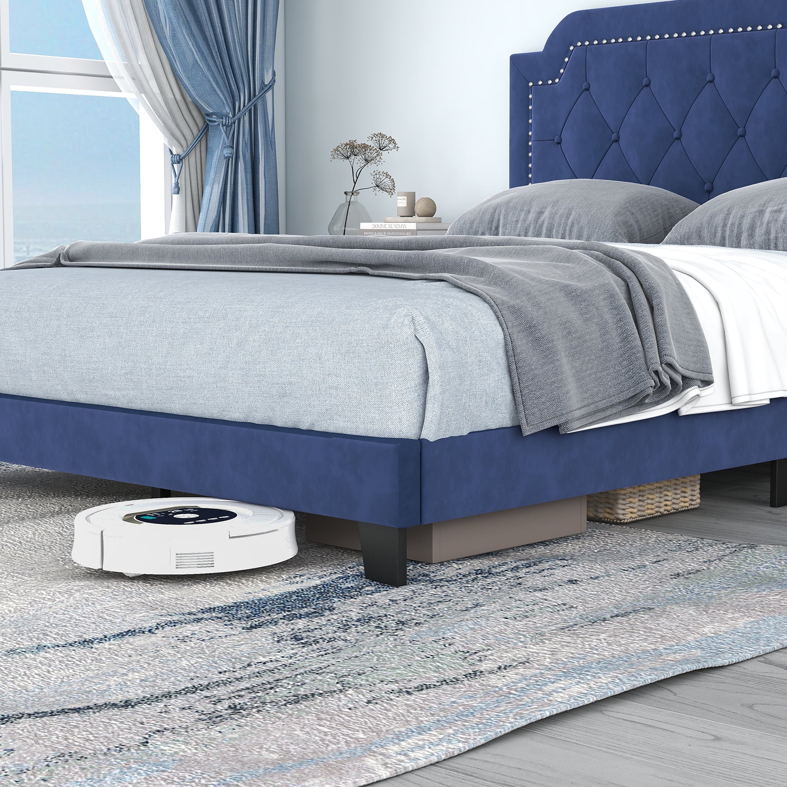 Furnibear Queen Size Bed Frame Velvet Upholstered Platform Bed Frame with Nailhead Trim Button Tufted Headboard for Bedroom, Blue