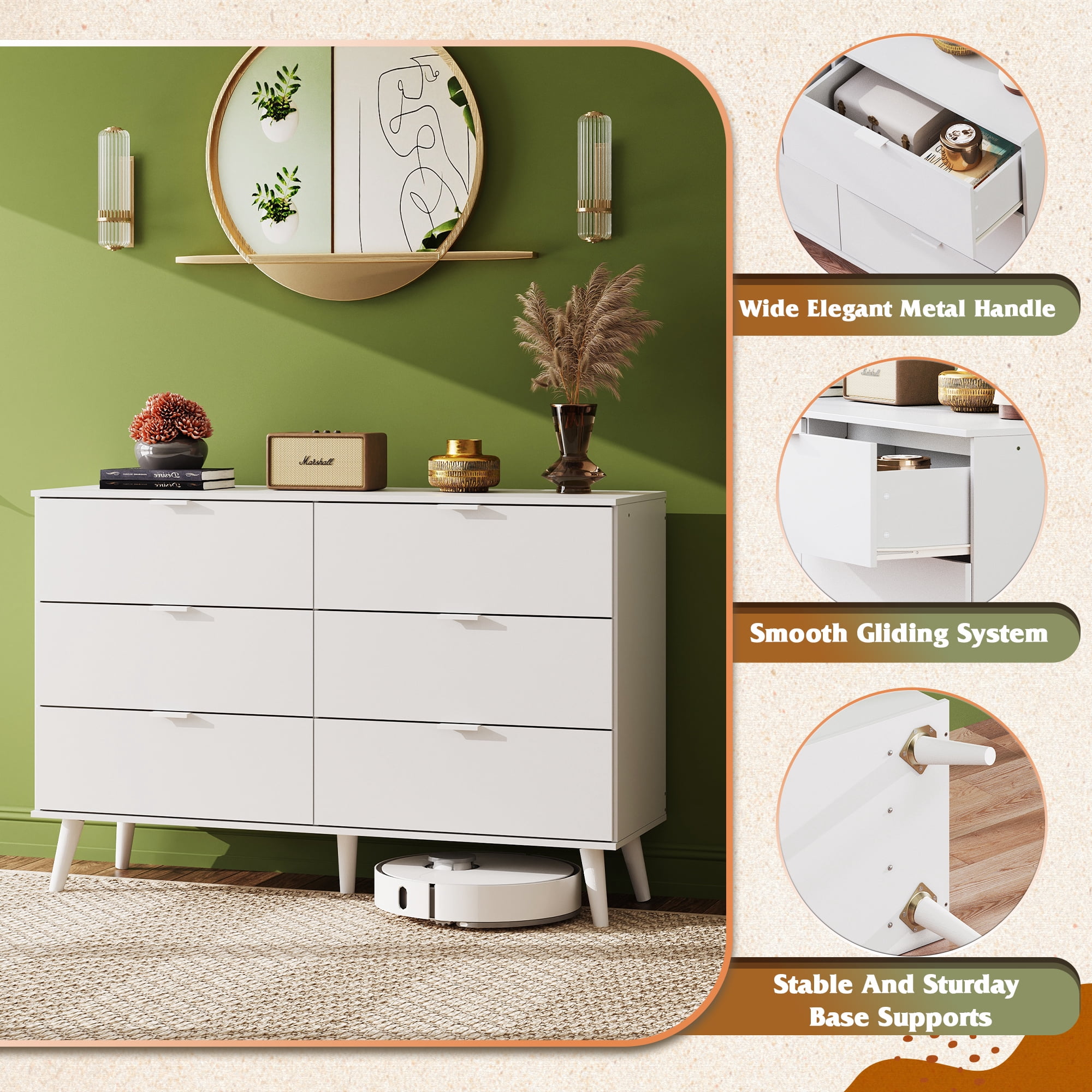 GALAXHERO 6 Drawer Wood Dresser, 47.2" Wide Chest of Drawer with Metal Handles, TV Stand for 55" TV, Double Dresser for Bedroom, Living Room, Hallway, Closet, White