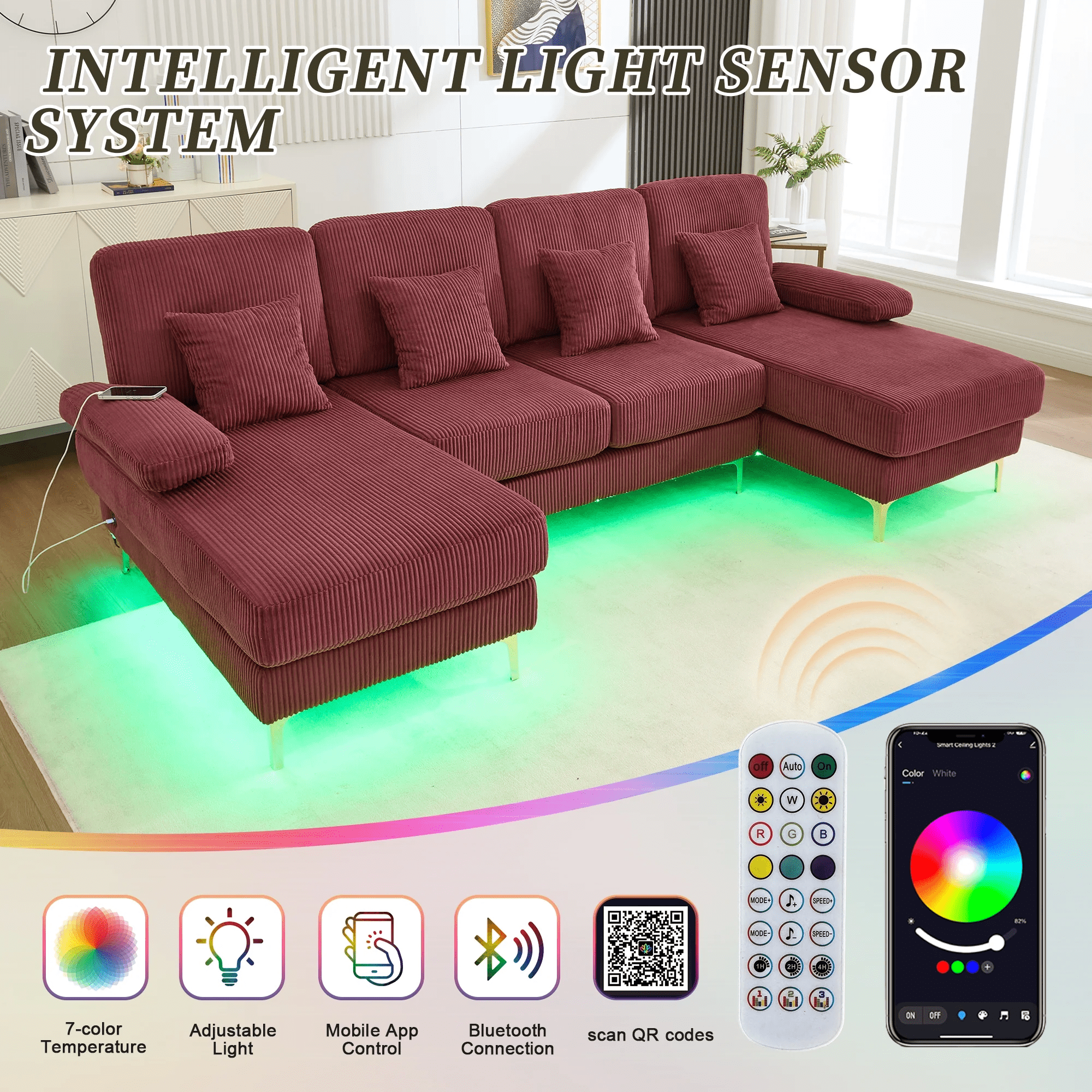 MOONMISS Modular U-Shape Sectional with Double Chaise Lounge,Velvet Fabric Sofa with USB & Intelligent Lighting for Apartment,Home Theater