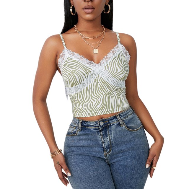 VISgogo Camisola para mujer, estampado ondulado, cuello en V, patchwork, ribete de encaje, sin mangas, sin espalda, ajustado, top corto con tirantes VISgogo moda