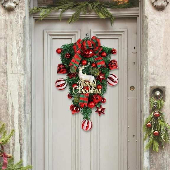 Christmas Teardrop Swags 17 inch Christmas Swags Outdoor with Bowknot Red Berries Christmas Stairs Decorations Winter Teardrop Wreaths for Front Door Wall Window Home Xmas Decor