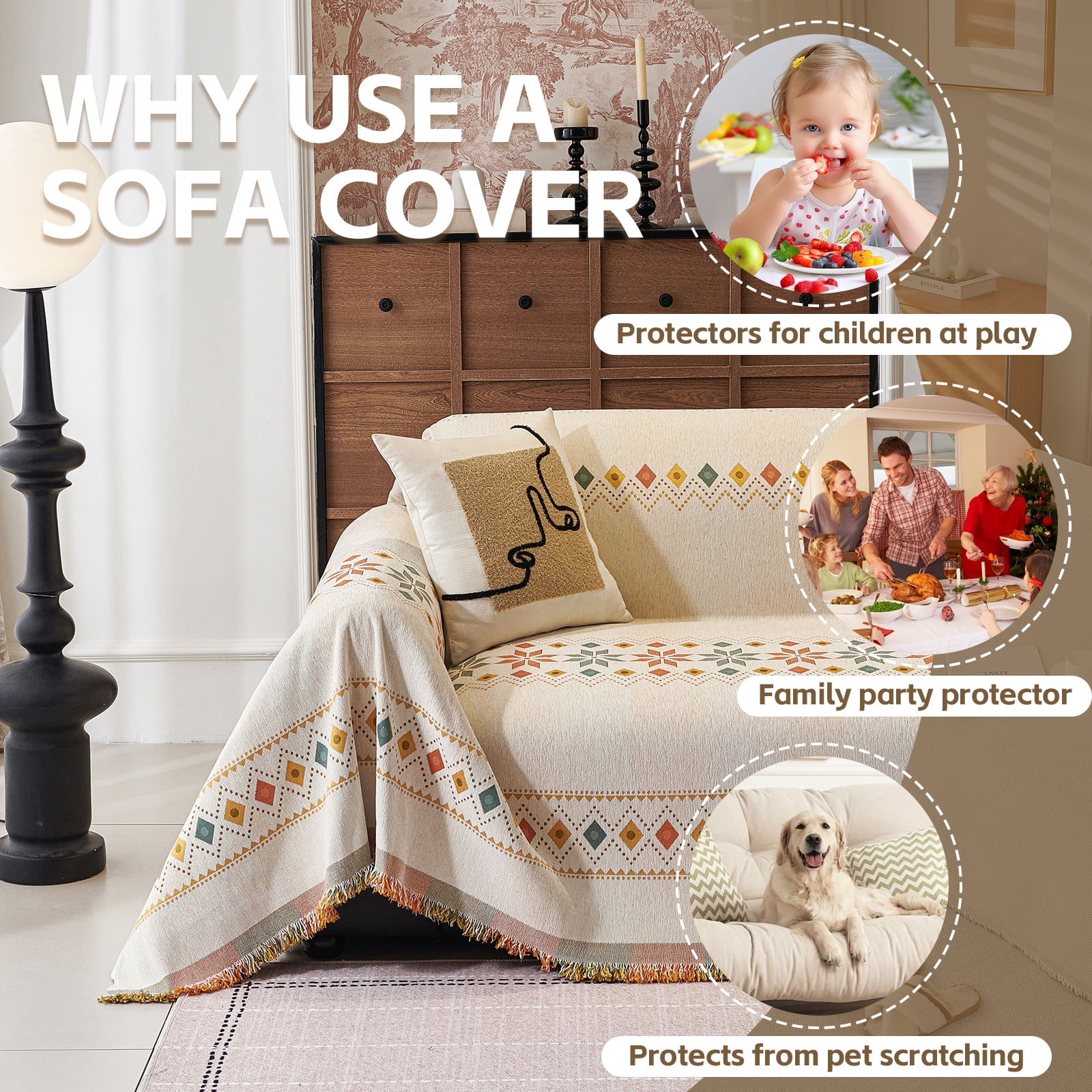 Croniis Boho Sofa Cover with Anti-slip Velcro Tape, Couch Blanket Cover Sectional Sofa Cover for Boho Style, Revitalizing the Old Sofa,Couch Protector,Chenille Fabric Colorful Lozenge 71*134in