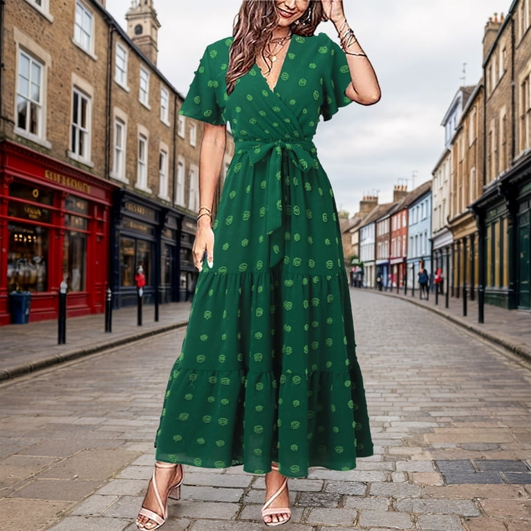 Riforla Womens Boho Dot Maxi Dresses Wrap V Neck Flutter Short Sleeve Solid  Tie Belt A Line Tiered Flowy Long Dresses Solid Midi Dress Green XL -  Walmart.com
