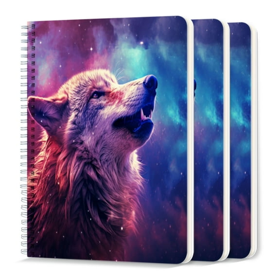 Spiral Journal Notebook,50 Sheets A5 College Ruled Notebook/Journal 3 Pcs for School Office Home - Wolf Howling in The Galaxy With Space Background