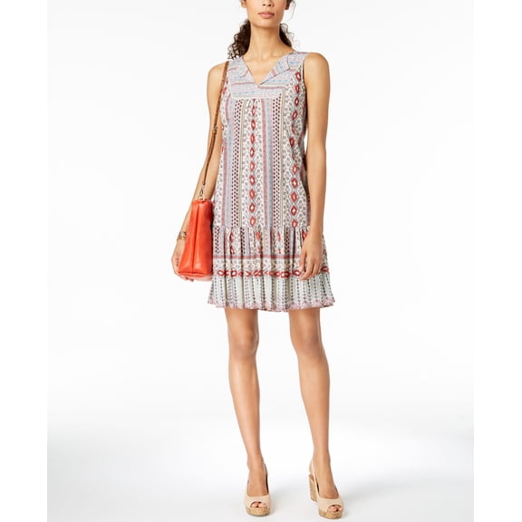 Style & Co Printed V Neck Flounce Dress White Tile Tap XL