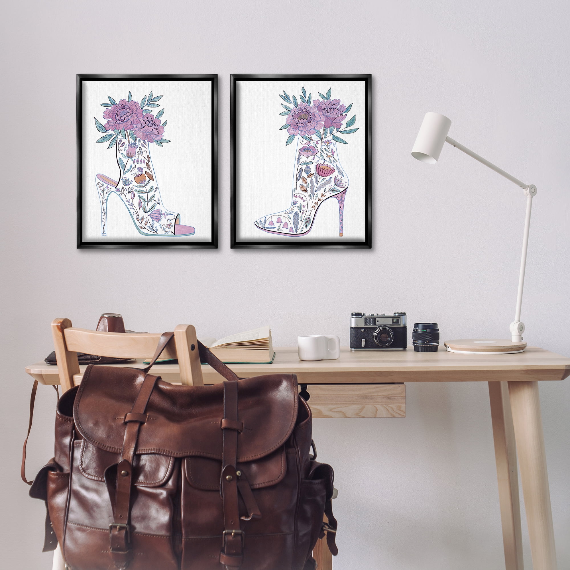 Stupell Industries Floral Stiletto Heel Boots Fashion Painting Black Floater Framed Canvas Art Print Wall Art, 17 x 21, Set of 2
