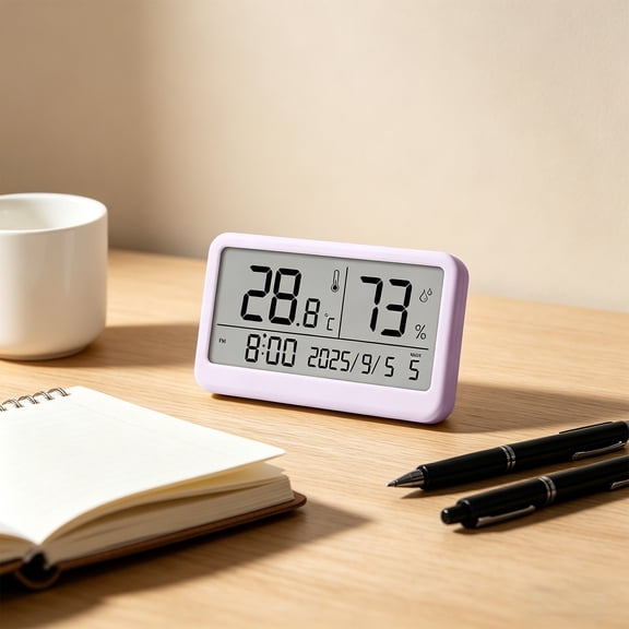 Byujiro Multifunctional Digital Alarm Clock Thermo-Hygrometer, High Precision Indoor Temperature Humidity Monitor with Date Week Time Display, Compact Bedroom Office Desk Clock